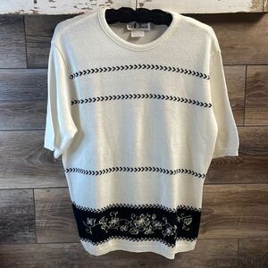 N Touch Ladies Sweater Top, Short Sleeve, Black and White, Size XL